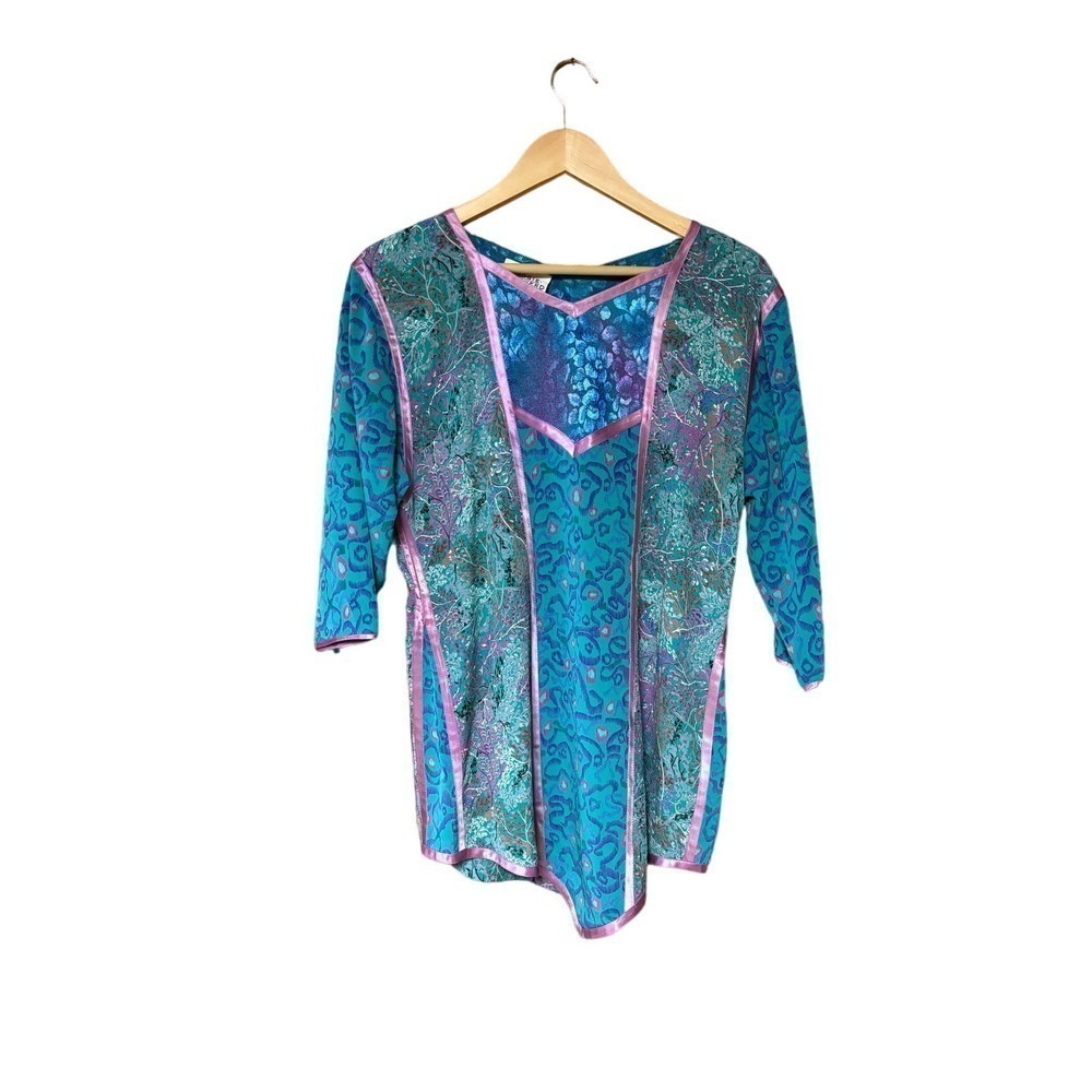 Maggie Shepherd teal green blue with pink trim bohemian tunic top‎